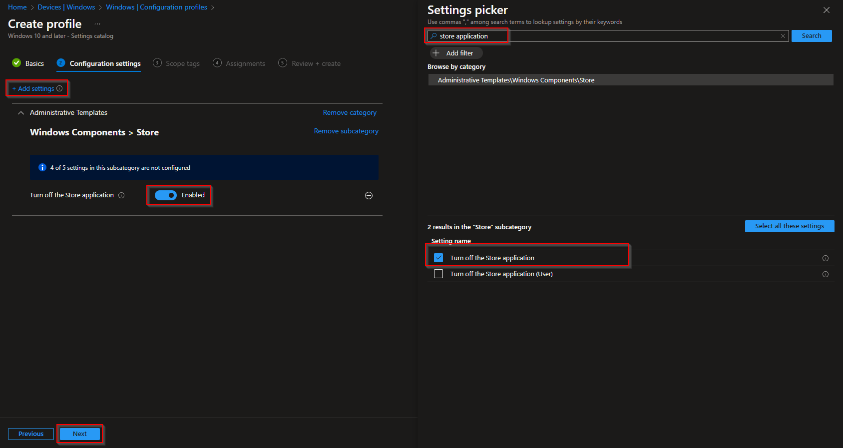 Enabling Turn off the Store application in Intune